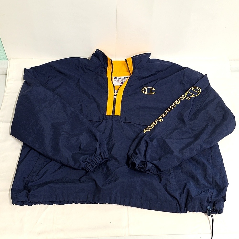 Vtg Champion Windbreaker Men XXL Navy Blue Yellow Quarter Zip Embroidered Logo